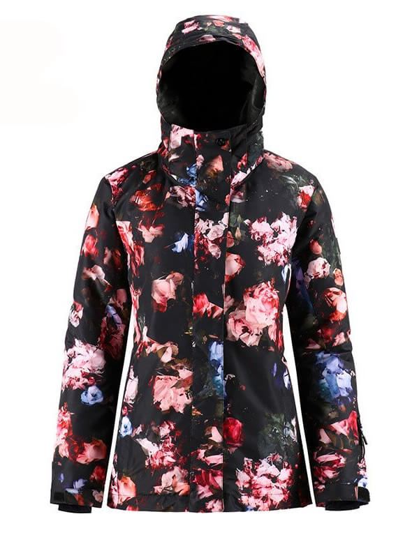 Stylish female waterproof skiing jacket with floral design, windproof and breathable for winter sports. Model SF0618.